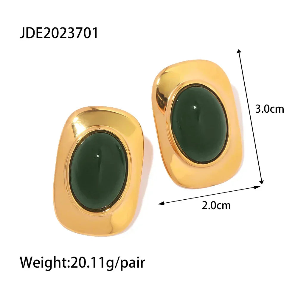 Vintage 18K Gold Plated Green Opal Oval Earrings